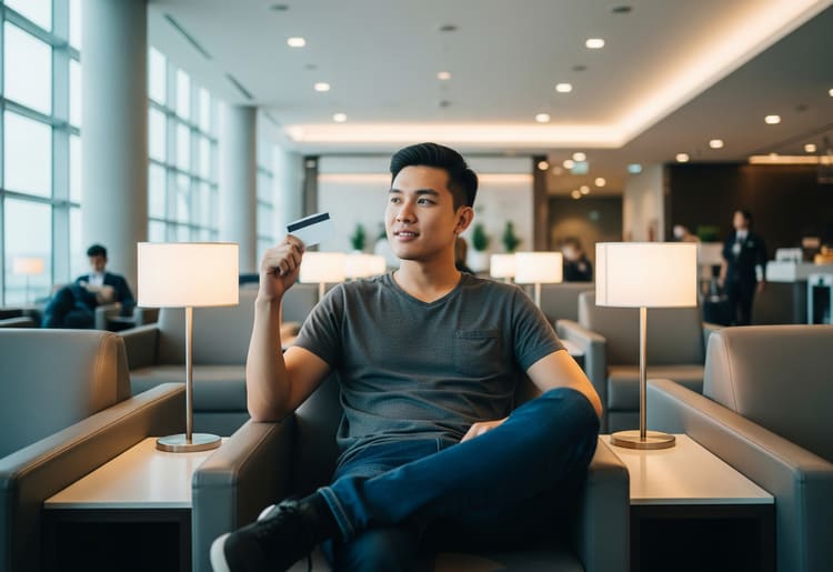 A man sitting an in airport lounge as an economy flyer due to his credit card. 