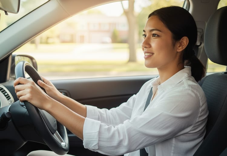 A student driving her car. 