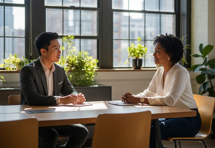 A nonprofit business owner talking to a financial expert about business loans for nonprofits. 