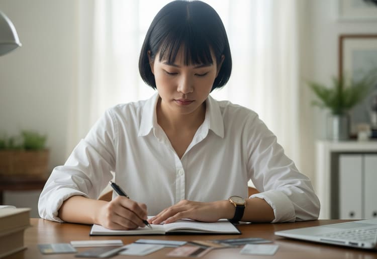 A woman wondering if she has too many credit cards. 