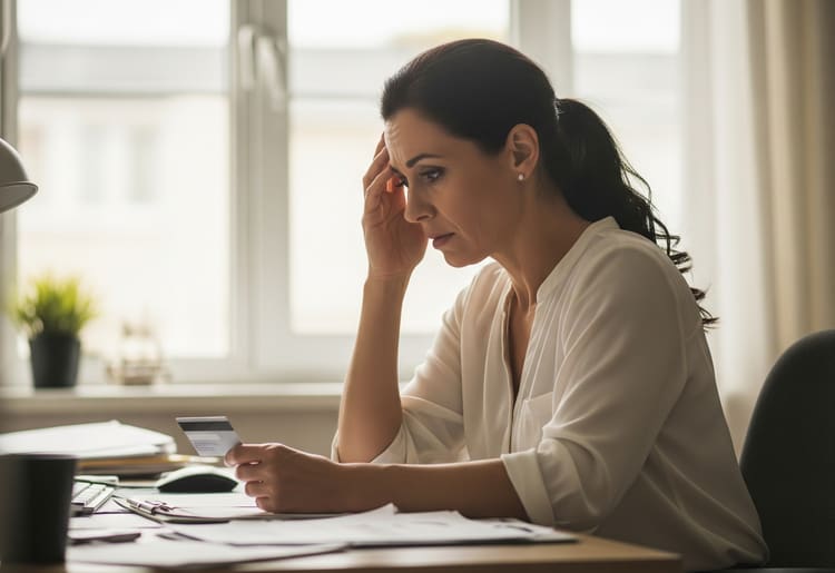 A woman sitting at her desk being worried about how her minimum credit card payments are hurting her finances.