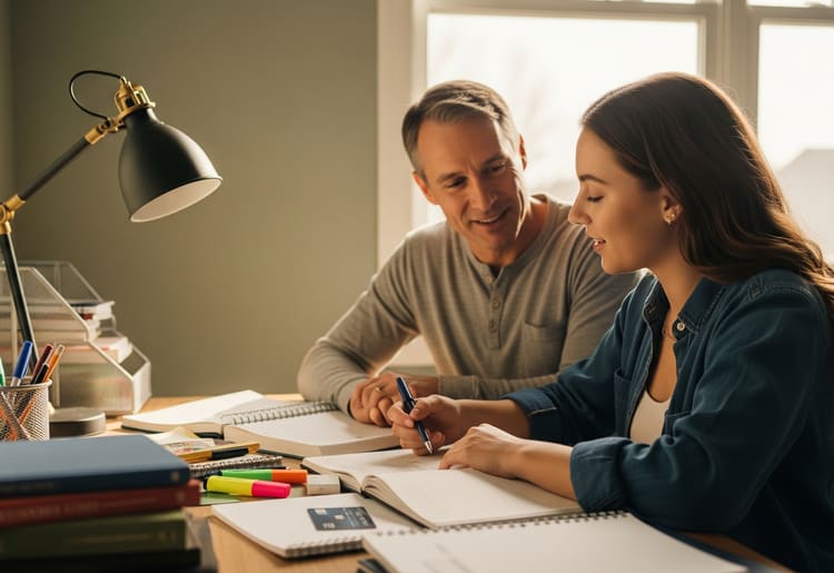 A man sitting with his high-school daughter trying to decide if he should use his credit card for back-to-school spending.