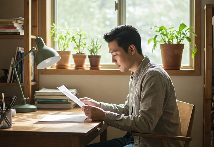 A man sitting at his desk learning about his credit score range and what it means.