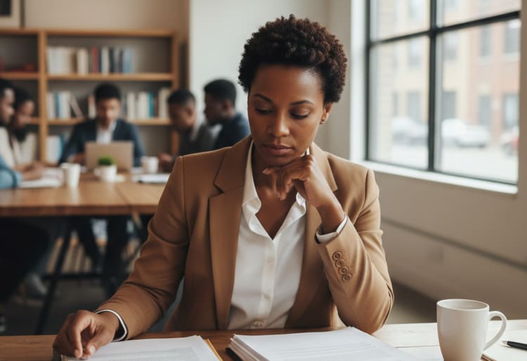 A business owner deciding if she should get a business loan from a credit union.