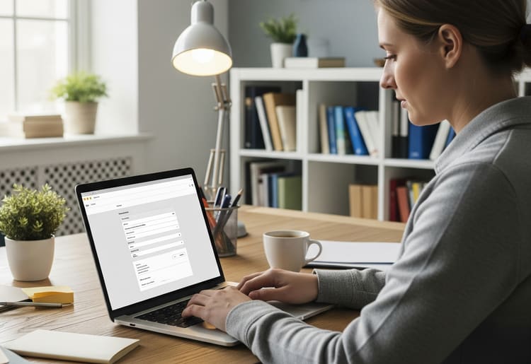 A woman filing a tax extension online. 