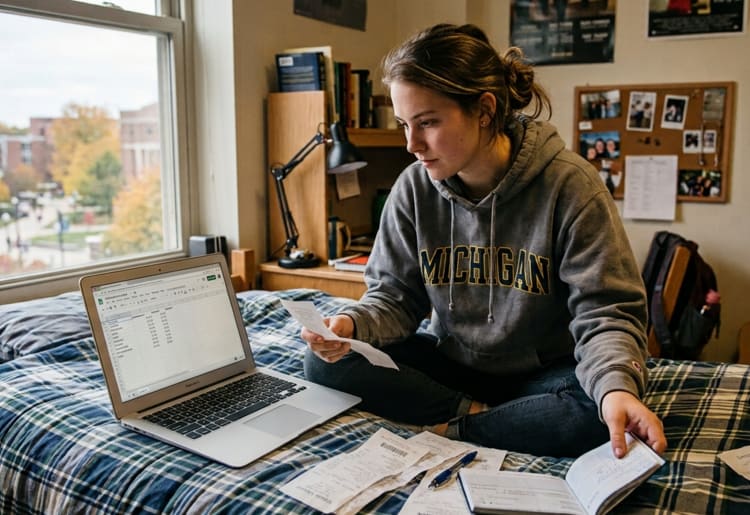 College student reviewing monthly expenses and budget.