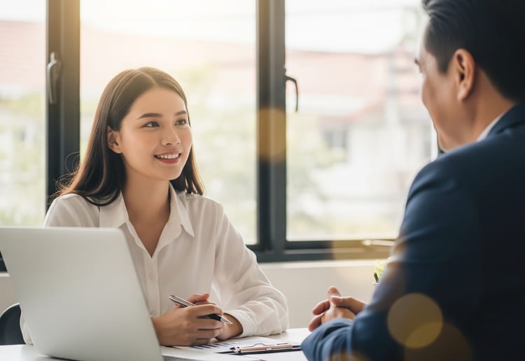 A woman talking to a financial expert about how a secured personal loan works. 