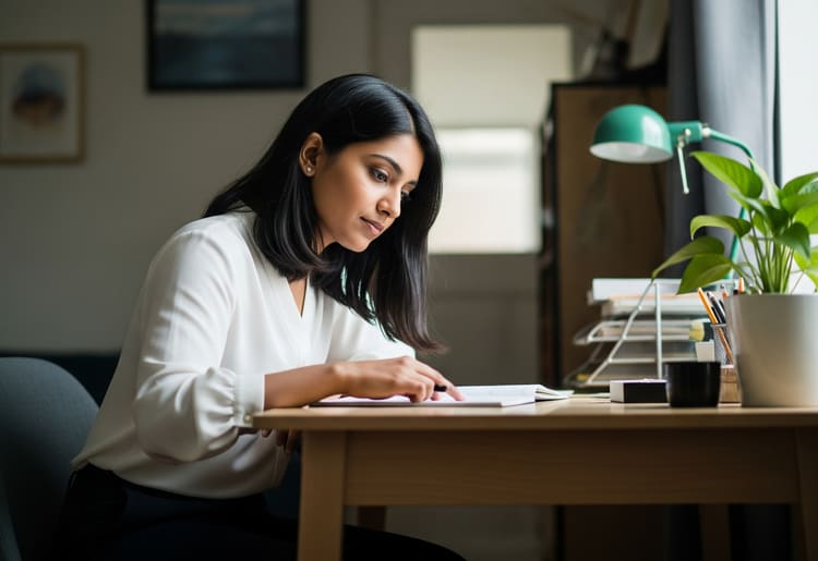 A woman sitting at her desk trying to figure out how long it takes to get a personal loan.
