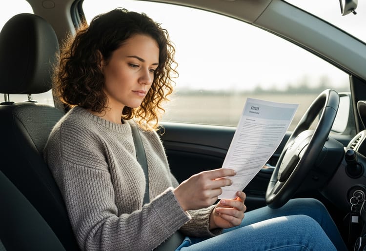 A woman looking at a car insurance contract. 