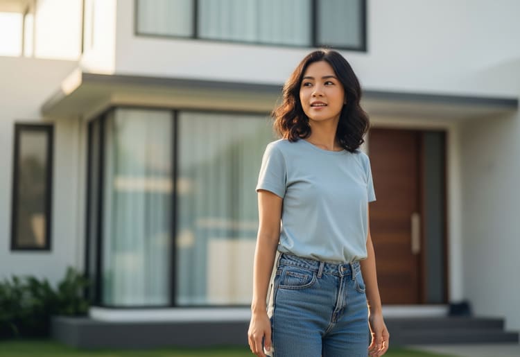 A woman standing in front of a house after she got approved for a mortgage with bad credit. 