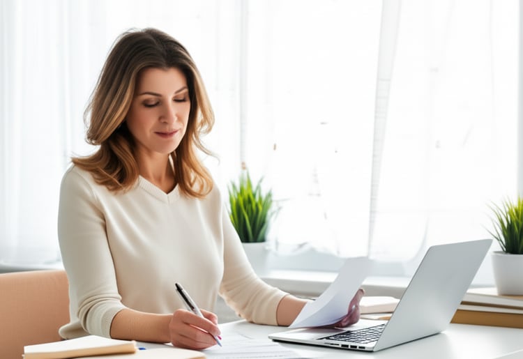 A woman following a step-by-step guide to get a mortgage. 