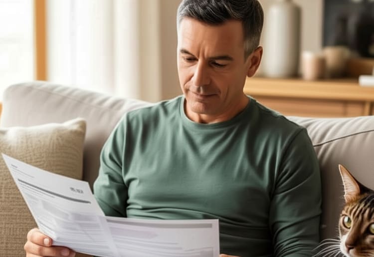 A man sitting on a couch next to his cat trying to figure out how to switch pet insurance providers. 