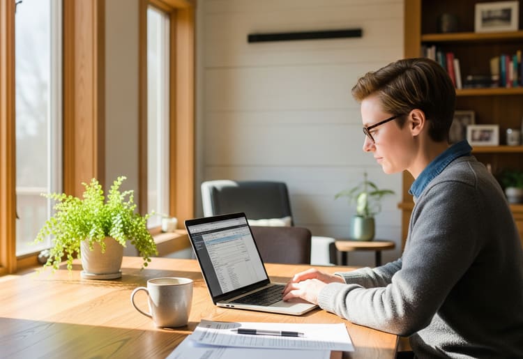 A woman filing her taxes based on her income.