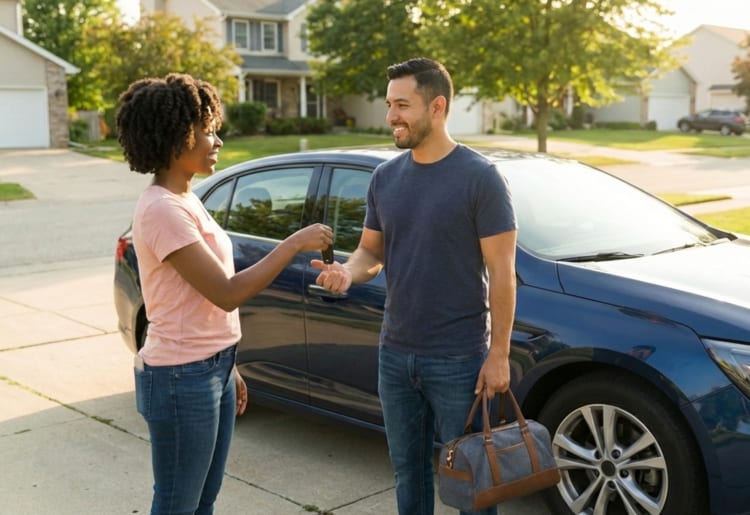 A woman lending her car to a friend. 
