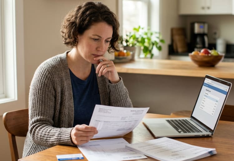Person reviewing a medical bill and insurance documents at home to understand how to pay medical bills with insurance.