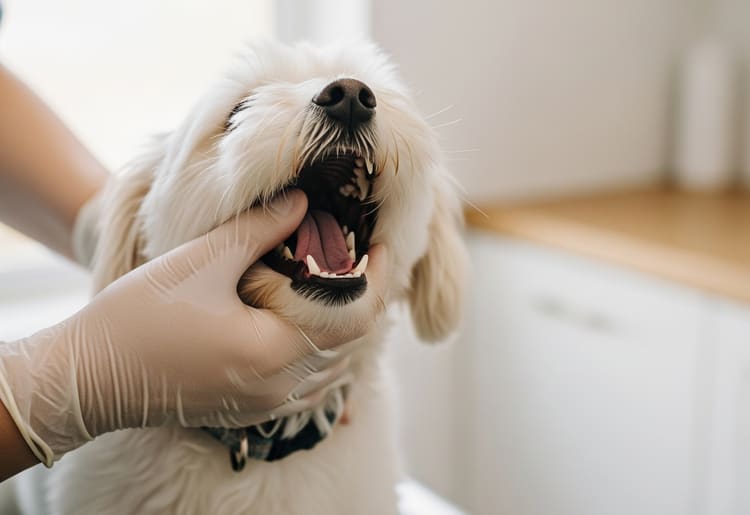 Veterinarian in latex gloves examining the open mouth and teeth of a small white fluffy dog during a pet dental insurance covered checkup.