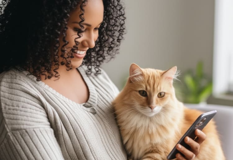 A woman holding her cat while filing a pet insurance claim. 