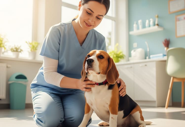 Veterinarian in blue scrubs examining a beagle dog in a modern veterinary clinic, illustrating the importance of understanding pet insurance coverage.