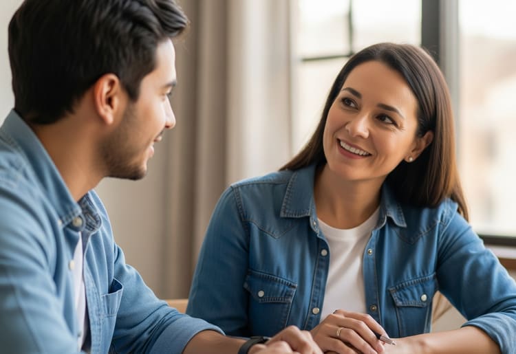 A man and a woman discussing the pros and cons of personal loans.