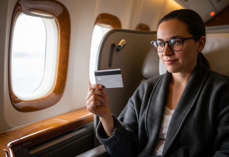 A woman flying first class with the help of her credit card. 