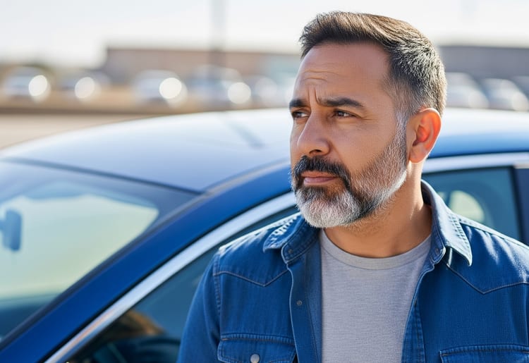 A man standing next to his car wondering about SR-22 insurance and whether he should get it.
