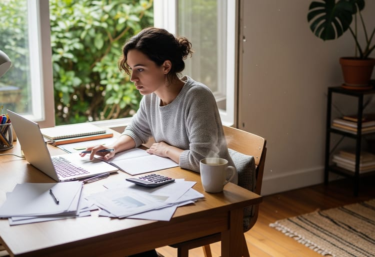 A self-employed, remote worker figuring out her tax. 