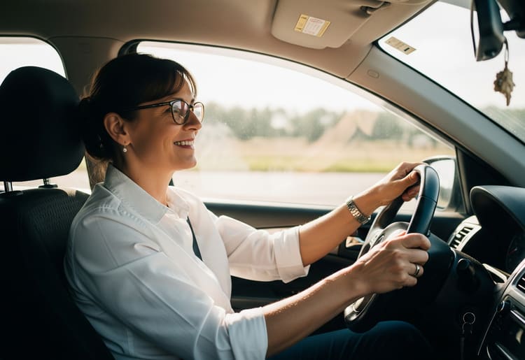 A woman driving her car with her minimum state requirements for car insurance.