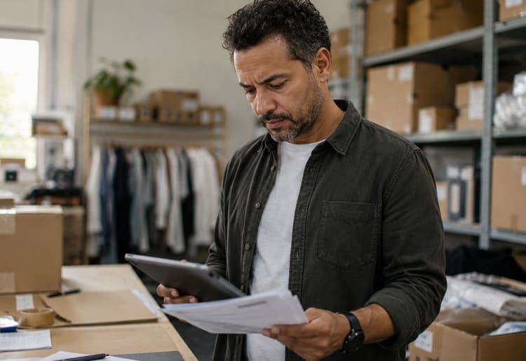 Small business owner reviewing rising costs from tariffs.