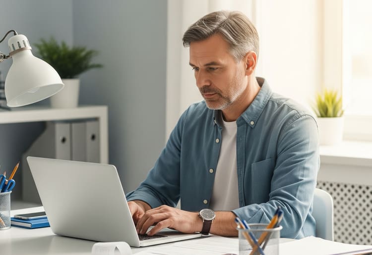 A man sitting at his desk doing research about tax deductible donations. 