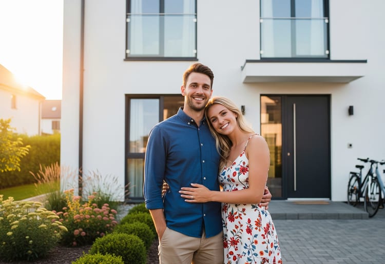 A man and a woman standing in front of their house after learning how to get a lower mortgage rate. 
