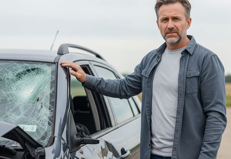 A man being grateful that he has gap insurance after his car got damanged in an accident.