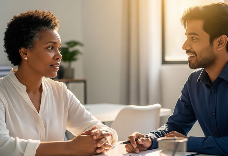 A woman looking for a personal loan chatting to a financial expert.