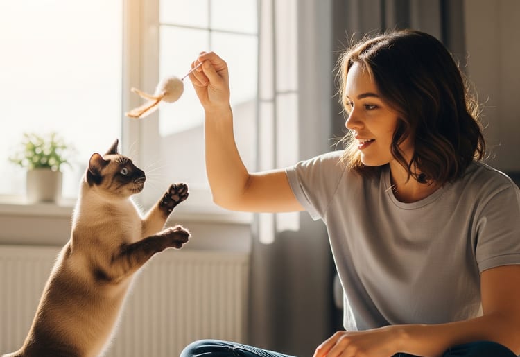 Woman playing with young Siamese kitten by window - showing the best time to get pet insurance for healthy young pets.