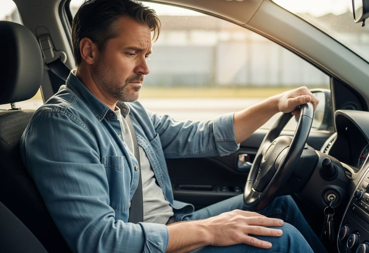 A man sitting in his car wondering why car insurance is so expensive.