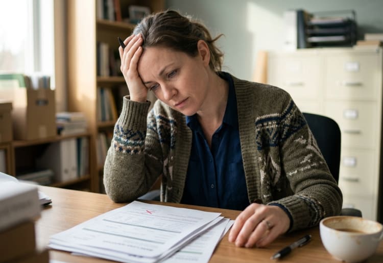 A small business owner feeling helpless because she's struggling to get a loan from a traditional bank.