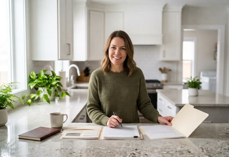 Woman at her kitchen island comparing three folders as she decides how to choose a financial advisor.